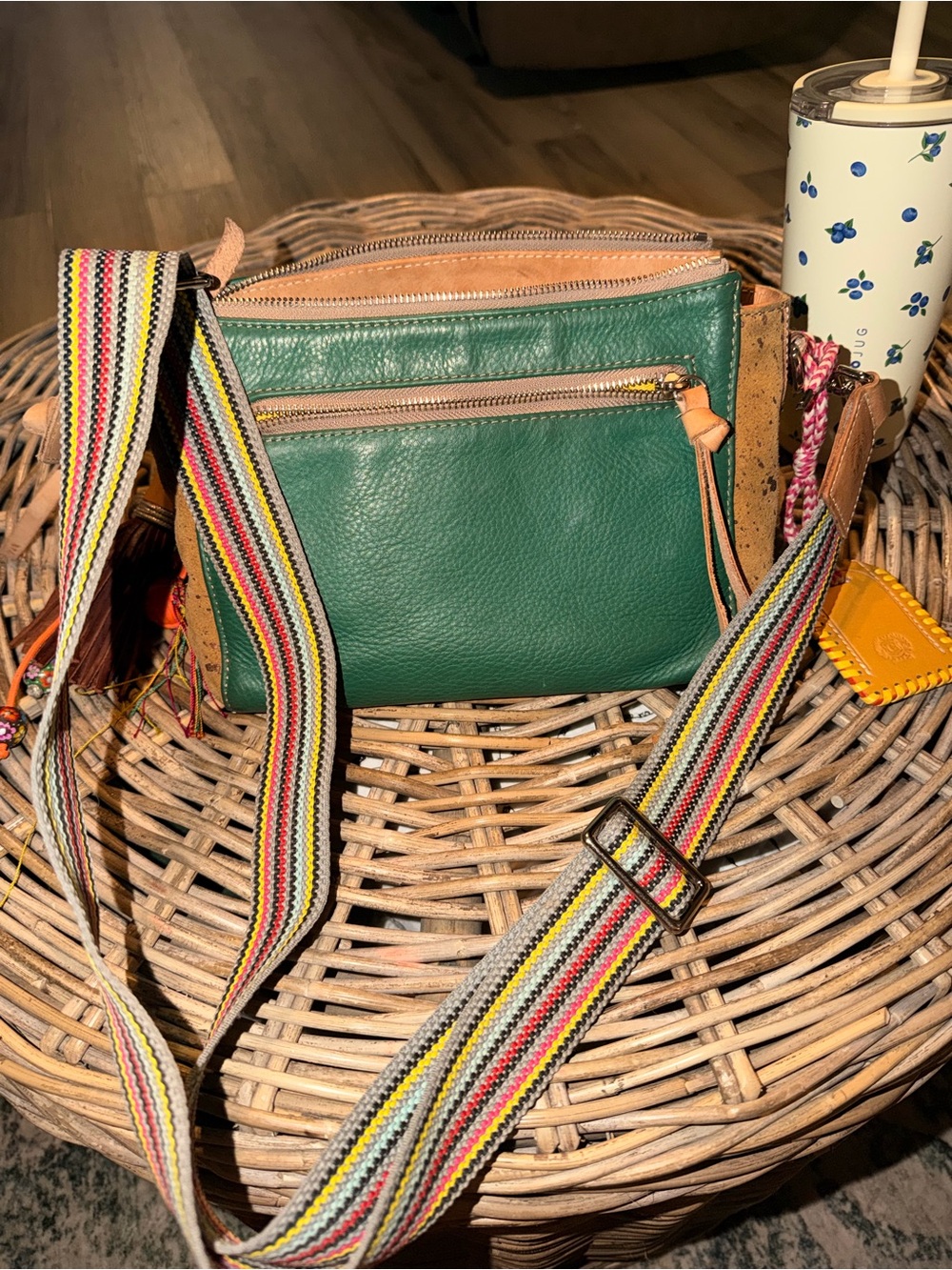 Green Leather Crossbody Bag with Multicolor Strap teal city bag Consuela